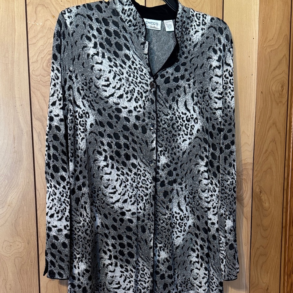 Chico's Elegant Black and Gray Animal Print Blouse